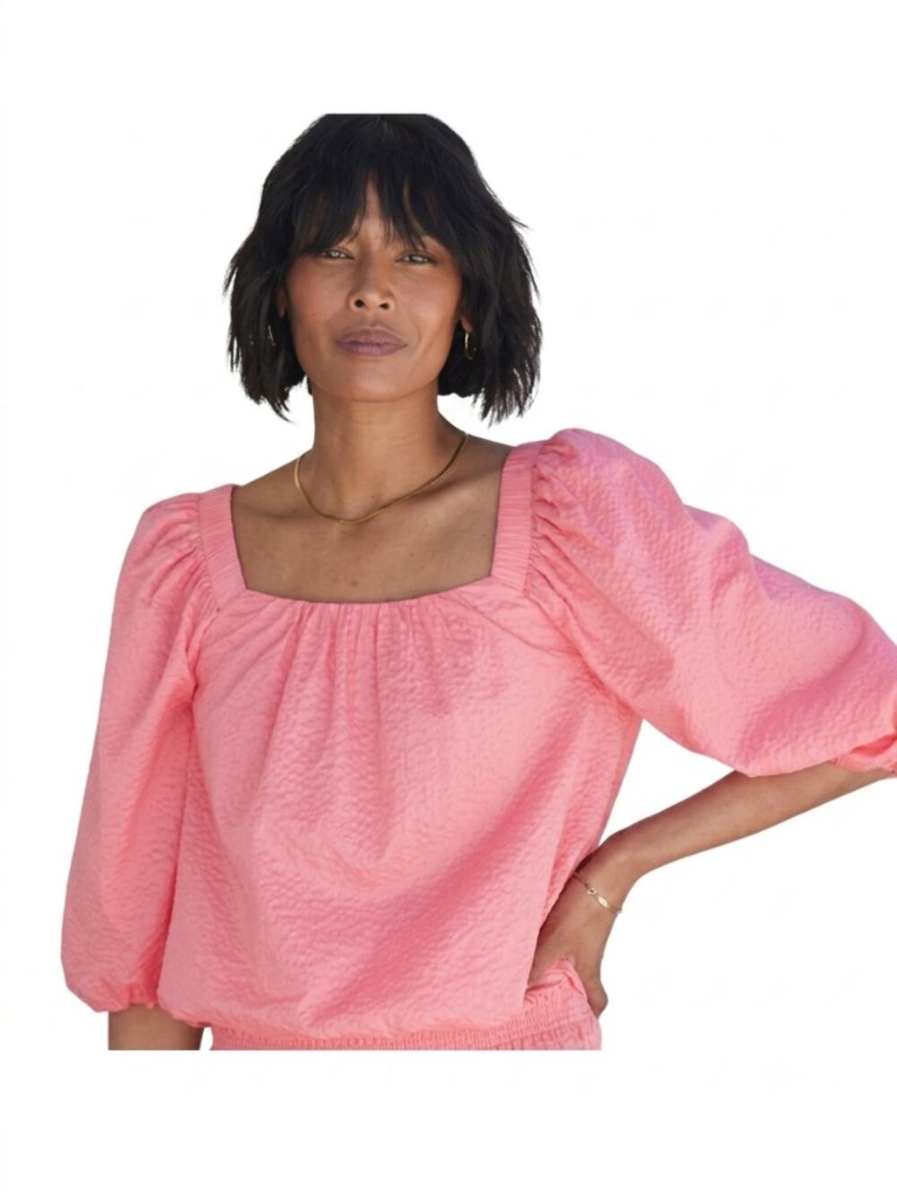 AYR The Midsummer S Pink Japanese Crinkle Cotton Puff Sleeve Square Neck Blouse